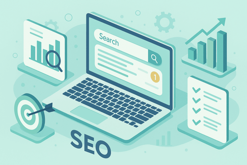 Illustratie van een SEO-strategie met zoekwoordonderzoek en content optimalisatie om je Google ranking te verbeteren