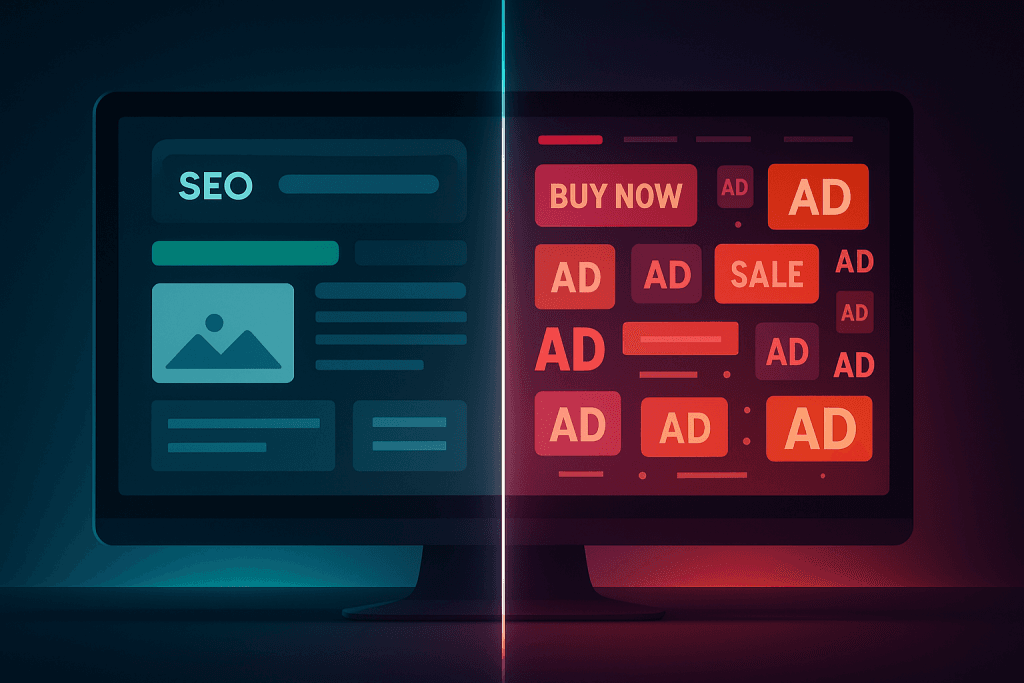 Voorbeeld van cloaking in SEO links een geoptimaliseerde website, rechts een spammy variant vol advertenties