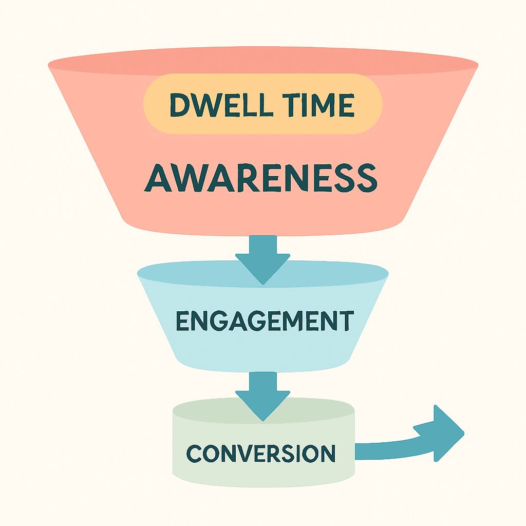 Marketingfunnel waarin dwell time het begin van klantbetrokkenheid visualiseert