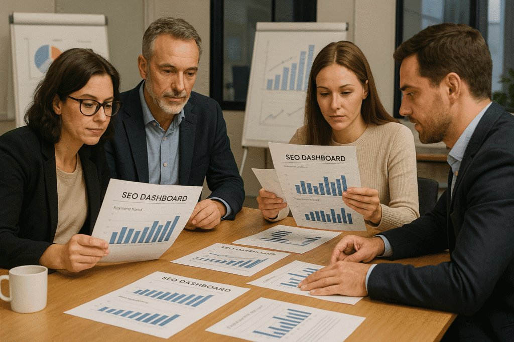 Marketingteam dat Google Trends gebruikt om zoekdata te analyseren en SEO-rapportages te maken aan de hand van keywordtrends
