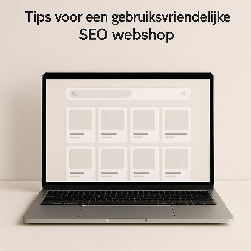 Minimalistische hero met laptop en webshopoverzicht met productgrid