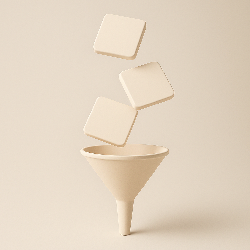 3D visual van filterfunnel met zwevende producttegels