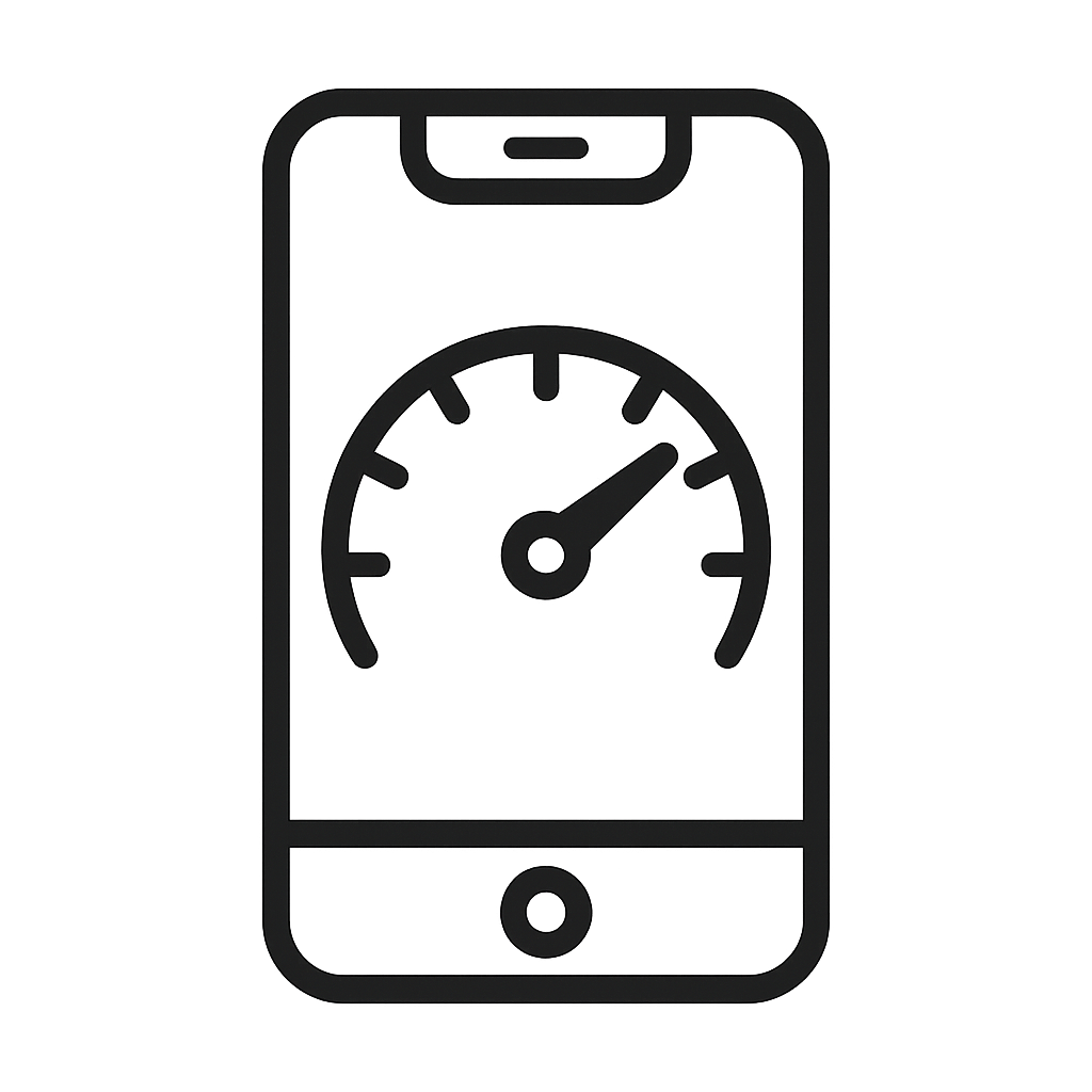 Minimalistisch icoon van smartphone met snelheidsmeter